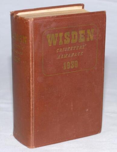 Wisden Cricketers' Almanack 1939. 76th edition. Original hardback. Some general wear to boards and spine, wear to board and spine extremities, broken internal hinges at front and rear, handwritten name and date to top border of the first advertising page