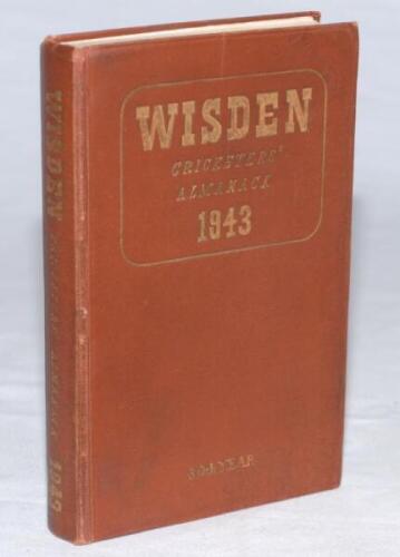 Wisden Cricketers' Almanack 1943. 80th edition. Original hardback. Only 1400 hardback copies were printed in this war year. Re-gilding to titles and date on front board and spine, some soiling to page block edge otherwise in good+ condition. Rare wartime 