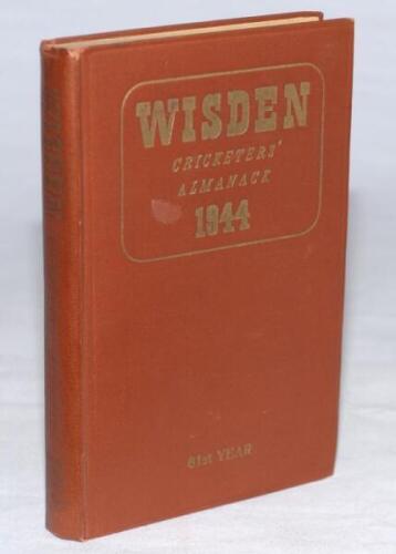 Wisden Cricketers' Almanack 1944. 81st edition. Original hardback. Only 1500 hardback copies were printed in this war year. Minor mark to front board, some dulling to the gilt titles on the spine paper, tear and slight loss to the bottom left hand corner 