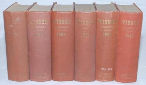 Wisden Cricketers' Almanack 1949, 1950, 1951, 1952, 1953 and 1955. Original hardback editions. Four of the five editions with dulling to gilt titles to spine and to a lesser extent the front boards, the 1949 and 1952 editions with breaking to front and re