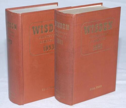 Wisden Cricketers' Almanack 1951 and 1953. Original hardback editions. The 1951 edition with dulled gilt titles to spine and very minor foxing to page block edge, the 1953 edition with minor marks to boards otherwise both in good condition. Qty 2 - cricke