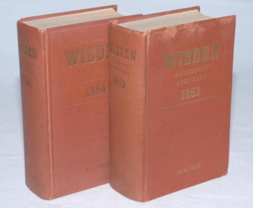 Wisden Cricketers' Almanack 1953 and 1954. Original hardback editions. The 1953 edition with staining to the top border of the front board, bumping to odd corner, slight breaking to front internal hinge otherwise in good condition, the 1954 edition in goo