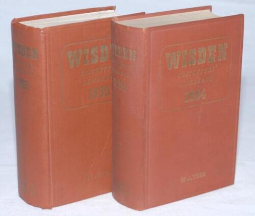 Wisden Cricketers' Almanack 1954 and 1955. Original hardback editions. The 1954 edition with dulled gilt titles to spine paper, and light foxing to page block edge, the 1955 edition with crease to front board and dulling to the gilt titles on the spine pa