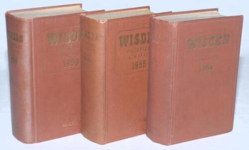 Wisden Cricketers' Almanack 1954, 1955 and 1956. Original hardback editions. All three editions with faded or fading to the gilt titles on the spine and to a lesser degree to the front boards and soiling and age toning to page block edges. The 1956 editio