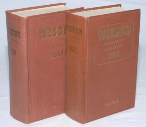 Wisden Cricketers' Almanack 1955 and 1956. Original hardback editions. Wrinkling to the spine paper of the 1956 edition, odd minor faults to boards otherwise in good condition. Qty 2 - cricket