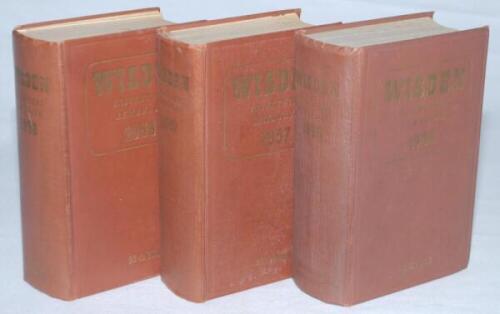 Wisden Cricketers' Almanack 1956, 1957 and 1958. Original hardback editions. All three editions with faded or fading to the gilt titles on the spine and to a lesser degree to the front boards and soiling and age toning to page block edges. The 1956 and 19