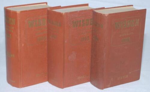 Wisden Cricketers' Almanack 1960, 1962 and 1964. Original hardback editions. All three editions with some soiling to page block edges and odd faults to the boards. Breaking to the front internal hinges of the 1960 edition otherwise in good condition. Qty 