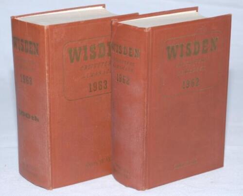 Wisden Cricketers' Almanack 1962 and 1963. Original hardback editions. Both editions with dulling to boards and spine. The 1962 edition with slight crease to head of spine paper, the 1963 with some minor marks to boards otherwise both editions in good/ver