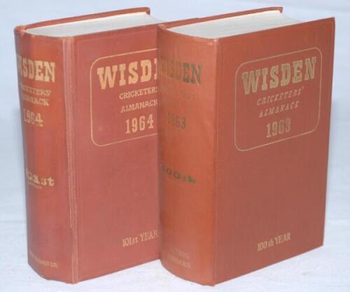 Wisden Cricketers' Almanack 1963 and 1964. Original hardback editions. Minor wrinkling to the spine paper of the 1963 edition otherwise in good/very good condition, the 1964 with breaking to the front internal hinges and broken rear internal hinges otherw