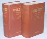 Wisden Cricketers' Almanack 1963 and 1964. Original hardback editions. Minor wrinkling to the spine paper of the 1963 edition otherwise in good/very good condition, the 1964 with breaking to the front internal hinges and broken rear internal hinges otherw