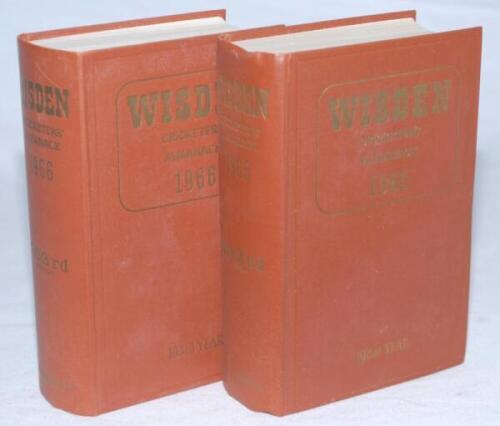 Wisden Cricketers' Almanack 1965 and 1966. Original hardback editions lacking dustwrappers. Odd minor faults otherwise in good condition. Qty 2 - cricket