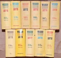 Wisden Cricketers' Almanack 1969 to 1979. Original hardbacks with dustwrapper. Some soiling, age toning, nicks and wear to some dustwrappers, the dustwrapper for the 1968 edition encased in plastic protective film, not removable. Good condition. Qty 11 - 