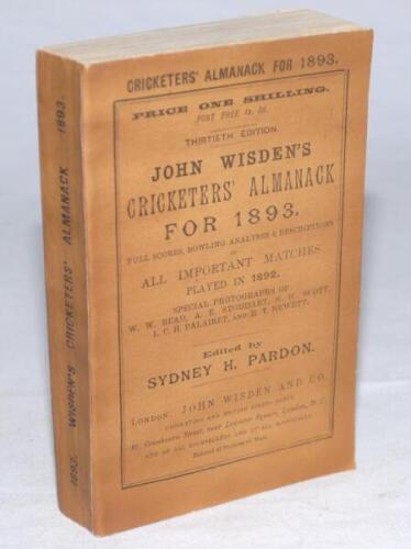 Wisden Cricketers' Almanack 1893. 30th edition. Original rear paper wrapper. Replacement front wrapper and spine. Some wear, soiling and small corner loss to original rear wrapper, internal pages good - cricket