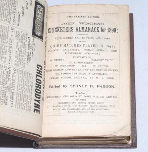 Wisden Cricketers' Almanack 1899. 36th edition. Bound in dark brown boards, lacking original paper wrappers, with gilt titles to spine. Wear with small corner loss to the first two advertising page and the title page otherwise in good condition - cricket