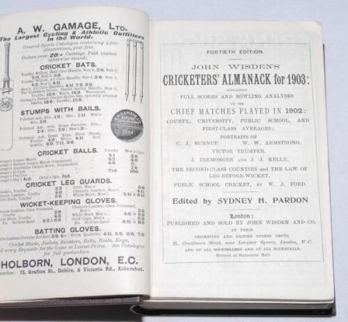 Wisden Cricketers' Almanack 1903 and 1915. Both editions bound in dark brown boards with gilt titles, the 1903 with original rear paper wrapper, the 1915 lacking both wrappers. The 1903 lacking the first advertising page, odd nicks to the rear wrapper. Go