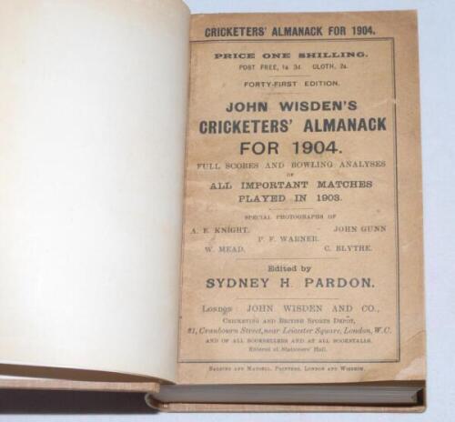 Wisden Cricketers' Almanack 1904. 41st edition. Bound in light brown boards, with original paper wrappers, with gilt titles to front board and spine. Some soiling, wear and the odd nick to wrappers otherwise in good condition - cricket