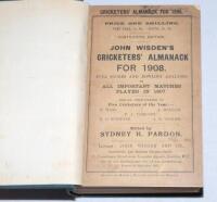 Wisden Cricketers' Almanack 1908. 45th edition. Bound in green boards, with original paper wrappers, with gilt titles to spine. Some minor age toning, wear and very small corner loss to front wrapper otherwise in good condition - cricket