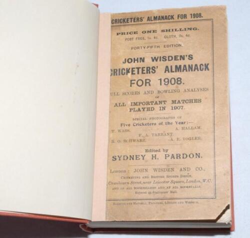 Wisden Cricketers' Almanack 1908. 45th edition. Bound in light brown boards, with original front paper wrapper only, with gilt titles to spine. Some soiling and wear to the front wrapper, loss to the lower corner of the front wrapper, tape to the length o