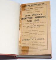 Wisden Cricketers' Almanack 1909. 46th edition. Bound in light brown boards, with original paper wrappers, with gilt titles to spine. Both wrappers with evidence of old tape marks to corners and left hand border, some soiling and staining to rear wrapper,