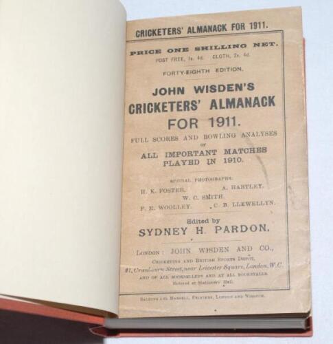 Wisden Cricketers' Almanack 1911. 48th edition. Bound in light brown boards, with original paper wrappers, with gilt titles to spine. Some minor marks, soiling and age toning to wrappers otherwise in good+ condition - cricket