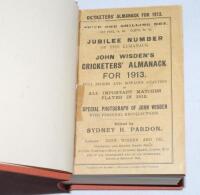 Wisden Cricketers' Almanack 1913. 50th (Jubilee) edition. Bound in light brown boards, with original paper wrappers, with gilt titles to spine. Old tape marks to left hand border of both wrappers near to the spine otherwise in good+ condition - cricket