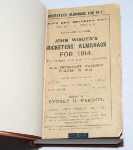 Wisden Cricketers' Almanack 1914. 51st edition. Bound in light brown boards, with original paper wrappers, with gilt titles to spine. Tape to the very edge of each wrapper to the left hand border, minor wear to wrapper extremities otherwise in good+ condi