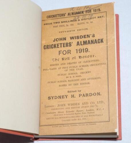 Wisden Cricketers' Almanack 1919. 56th edition. Bound in light brown boards, with original front paper wrapper only, titles in gilt to spine. Name and date handwritten to top border of the front wrapper. Some minor wear and minor age toning to front wrapp