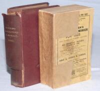 Wisden Cricketers' Almanack 1920 & 1923. 57th & 60th editions. The 1920 edition bound in maroon board, lacking original wrappers, with titles in gilt to spine. Boards worn and spine paper becoming detached, lacking photographic plate, page edges a little 