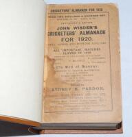 Wisden Cricketers' Almanack 1920. 57th edition. Bound in light brown boards, original paper wrappers, titles in gilt to spine. Some staining to wrappers, nick to edge of front wrapper otherwise in good condition - cricket