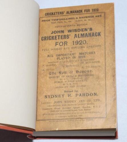 Wisden Cricketers' Almanack 1920. 57th edition. Bound in light brown boards, with original paper wrappers, titles in gilt to spine. Soiling, staining and minor wear to wrappers otherwise in good condition - cricket