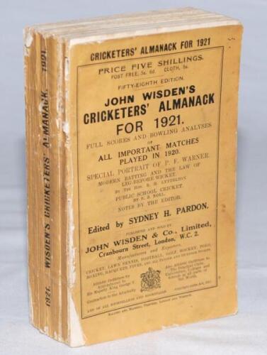 Wisden Cricketers' Almanack 1921. 58th edition. Original paper wrappers. Minor wear and soiling to wrappers, some loss to spine paper, splitting to edge of front wrapper where it meets the spine otherwise in good+ condition - cricket