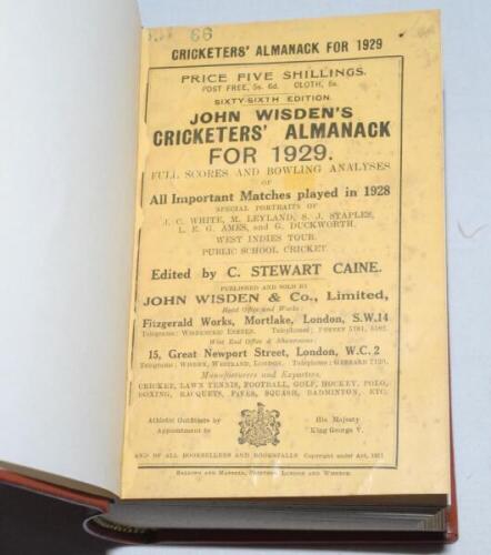 Wisden Cricketers' Almanack 1929. 66th edition. Bound in light brown boards, with original paper wrappers, with titles in gilt to spine, speckled page block edges. Small printed number to the top border of the front wrappers, minor wear to wrappers otherw