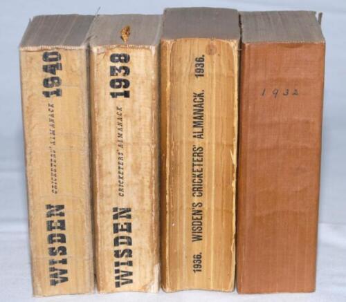 Wisden Cricketers' Almanack 1932, 1936, 1938 and 1940. The latter three editions are original paper wrappered or cloth covered editions, the 1932 edition has covers covered in brown paper. The 1932 internally good, the 1936 with heavily soiled wrappers, w