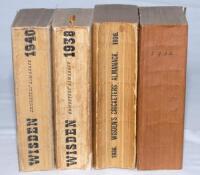 Wisden Cricketers' Almanack 1932, 1936, 1938 and 1940. The latter three editions are original paper wrappered or cloth covered editions, the 1932 edition has covers covered in brown paper. The 1932 internally good, the 1936 with heavily soiled wrappers, w