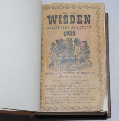 Wisden Cricketers' Almanack 1939 and 1940. 76th & 77th editions. Bound in dark brown boards, with original paper covers, titles in gilt to spine. Both edition worn, with poor covers, both ex-libris. Only about fair condition. Qty 2 - cricket