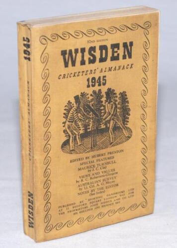 Wisden Cricketers' Almanack 1945. 82nd edition. Original limp cloth covers. Only 6500 paper copies printed in this war year. Slight discolouration to covers otherwise in good+ condition. Rare war-time edition - cricket