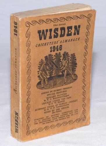 Wisden Cricketers' Almanack 1946. Original limp cloth covers. Some discolouration to covers, some wear and creasing to covers, minor faults to first few and last few advertising pages otherwise in good condition - cricket
