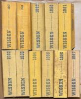 Wisden Cricketers' Almanack 1947 to 1957. Original cloth covers. Some general wear and slight soiling to covers and spine, odd edition with some bowing to spine, the 1956 edition with spotting/staining to spine otherwise in good condition. Qty 11 - cricke