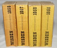 Wisden Cricketers' Almanack 1955, 1956, 1957 and 1958. Original limp cloth covers. All four editions have some bowing to spine to a greater or lesser extent. The first three editions in good condition and the 1958 edition has some darkening to spine other