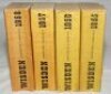 Wisden Cricketers' Almanack 1955, 1956, 1957 and 1958. Original limp cloth covers. All four editions have some bowing to spine to a greater or lesser extent. The first three editions in good condition and the 1958 edition has some darkening to spine other