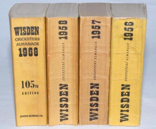 Wisden Cricketers' Almanack 1956, 1957, 1958 and 1968. Original limp cloth covers. The 1957 and 1958 with some slight bowing to spines. Odd minor faults otherwise in good condition. Qty 4 - cricket