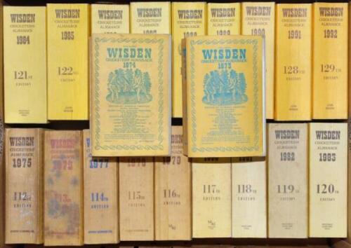 Wisden Cricketers' Almanack 1975 to 2009. Original cloth covered editions with the exception of the 2005 and 2008 editions which are original hardbacks with dustwrappers. Some bowing to the spines of odd editions, soiling to the spines of the 1974, 1976 a