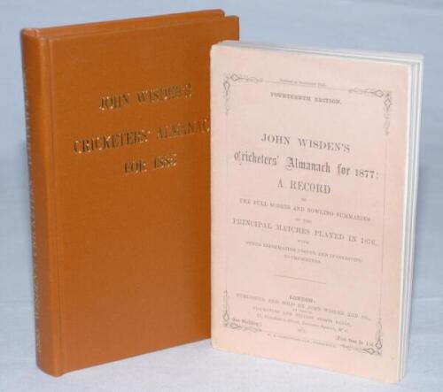 Wisden Cricketers' Almanack 1877. Billing & Sons Ltd, 1960 facsimile edition. Sold with Wisden Cricketers' Almanack 1885. Willows softback reprint (1983) in light brown hardback covers with gilt lettering. Un-numbered limited edition. Both in good/very go