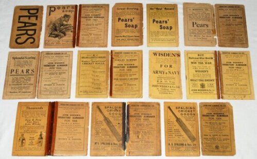 Wisden Cricketers' Almanack 1905 to 1940. A collection of original wrappers for books for the period stated. The wrappers consist of front and rear wrappers for issues dated 1907, 1911, 1912, 1913, 1918, 1919, 1920, 1921, 1922, 1923, 1924, 1925, 1927, 193