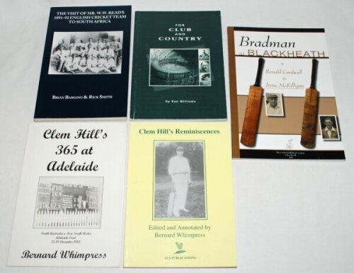 Australian cricket. Five softback titles, of which four are signed and/ or limited editions. 'For Club and Country', Ken Williams, Melbourne 2000, signed by Williams. 'The Visit of Mr. W.W. Read's 1891-92 English Cricket Team to South Africa', Brian Bassa