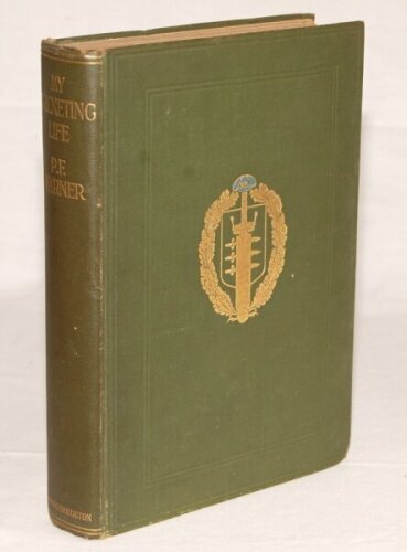 'My Cricketing Life'. P.F. Warner. London 1921. Limited edition of 200 copies, this copy being unnumbered, signed in ink to the limitation page by Warner. Original decorative green cloth boards with gilt emblem to front and gilt title to spine. Slight bum