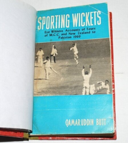 'Sporting Wickets. Eye Witness Accounts of Tours of M.C.C. and New Zealand to Pakistan 1969'. Qamaruddin Butt. Rawalpindi 1970. Bound in red boards with cloth spine, original stiffened board wrappers retained. Minor ageing and wear to covers, slight inter