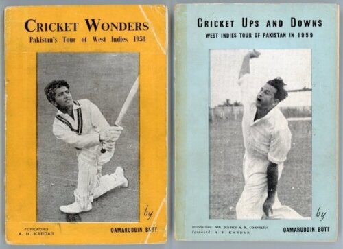 Pakistan tours and histories. Two softback titles by Qamaruddin Butt. 'Cricket Wonders. Pakistan's tour of West Indies 1958', Karachi 1958, wrappers becoming detached with some creasing. 'Cricket Ups and Downs. West Indies tour of Pakistan in 1959', Karac