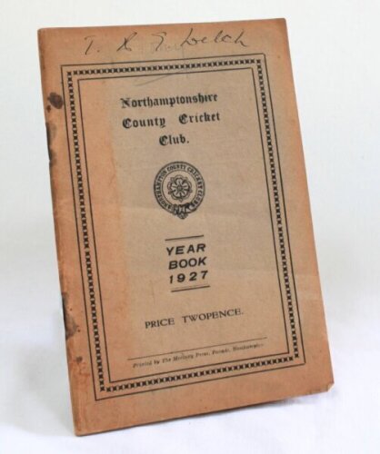 'Northamptonshire County Cricket Club Year Book 1927'. Edited by V.W.C. Jupp, Secretary. Printed by Mercury Press, Northampton. 68pp plus the original paper wrappers. Minor browning to page edges, some rusting to staple, some rust marks around the staple 