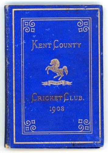 Kent County Cricket Club Annual 1903. Hardback 'blue book'. Original decorative boards. Gilt titles and to all page edges with gilt Kent emblem to centre. Printed by the Kentish Express (Igglesdon & Co) of Ashford 1903. Some age toning/darkening and wear 